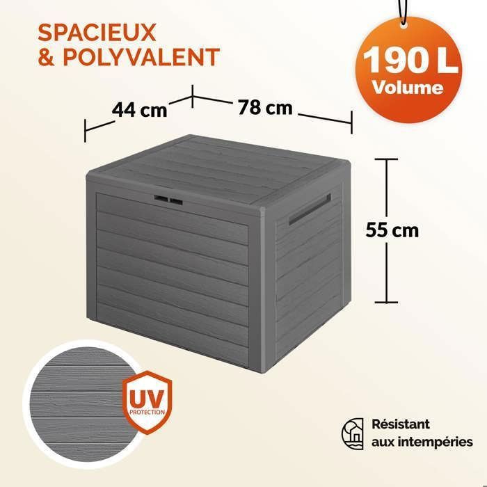 Caisse Rangement URBNLIVING 190L - Plastique Résistant, Pour Jardin, Balcon, Terrasse, Couvercle Verrouillable