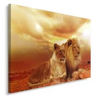 Tableau Décoration Murale Lions Couple 100x70 cm Impression sur Toile animaux sauvages Image Artistique Tableaux pour Salon