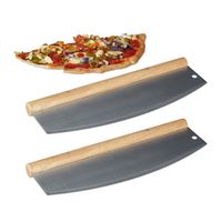Lot de 2 Hachoir Berceuse Pizza Couteau à Pizza Inox Manche Bois 1 Lame Étui Protecteur HxB 12x35cm, Argenté