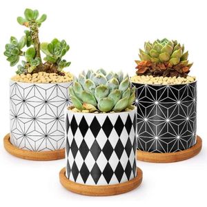 Petit Pot Conteneur Jardinni/ère pour Fleur Plante Herbe Cadeau pour Mariage Noel Anniversaire T4U 7.5CM Pot de Succulent Cactus en C/éramique avex Plateau en Bamboo Lot de 6