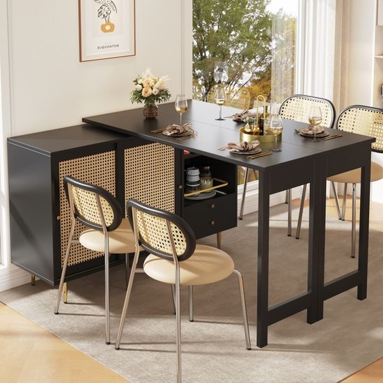 Îlot Central Cuisine Extensible Avec Roulettes - Table à Manger/buffet Avec Prises | Meuble Multifonction Blanc Et Noir - 3