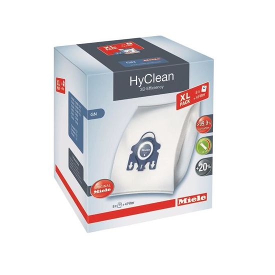 MIELE 10455000 - Pack XL Hyclean 3D GN - 8 sacs GN 3D Efficiency, 2 filtres moteur et 2 filtres d'évacuation - 4.5L - Technologie 3D