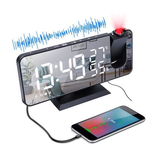 Réveil Projecteur Plafond Avec Radio FM - Affichage Miroir LED - Double Alarme - Capteur Température/Humidité - USB - Or Rose
