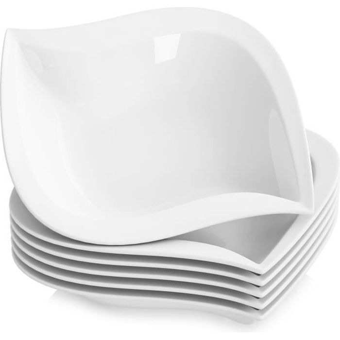6pcs Assiettes Creuses Vaisselles Assiette à Soupe Carrée Porcelaine Plat Service de Table Malacasa Série ELVIRA