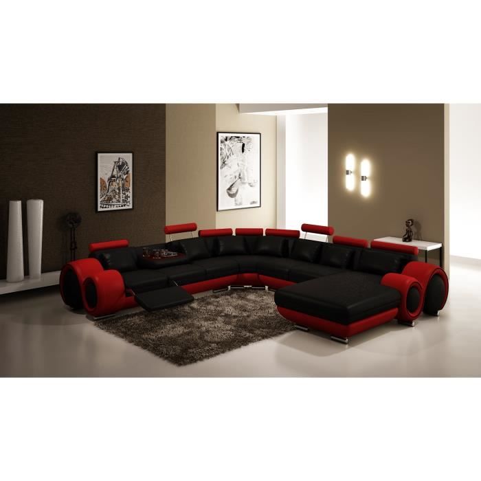 Canapé d'angle panoramique cuir noir et rouge relax LORY