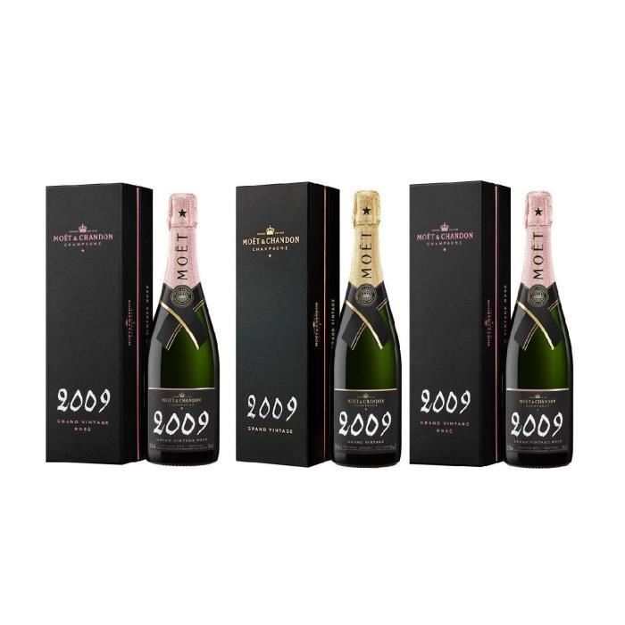 Lot de 3 Bouteilles 0.75 Moët et Chandon Grand Vintage 2009 2 Rosé et 1 Brut