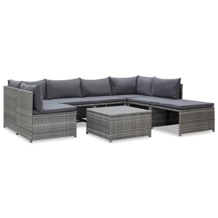 Salon de jardin 8 pcs avec coussins Résine tressée Gris -FOE
