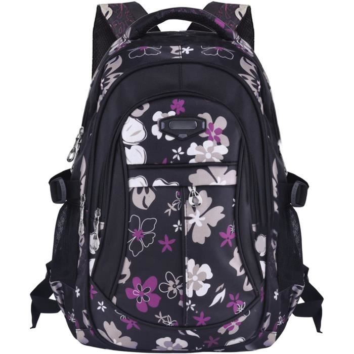 Sac a dos fille Sac dos ecole fille  Sac dos college fille Cartable enfant primaire scolaire (Violet - Noir) - L