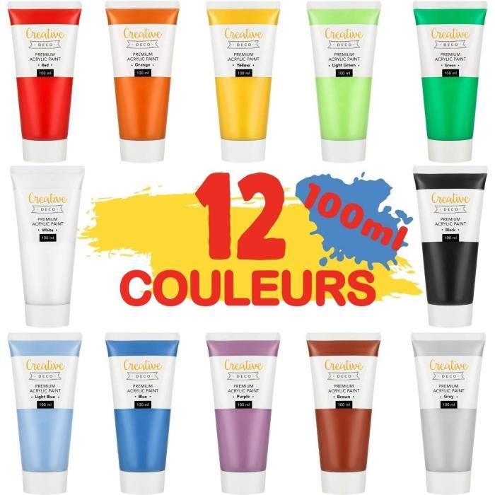 Creative Deco Peinture Acrylique XXL - Lot 12 Tubes Grands 100 ML - Fabriqué en UE - Idéal pour Bois Toile Tissu et Papier