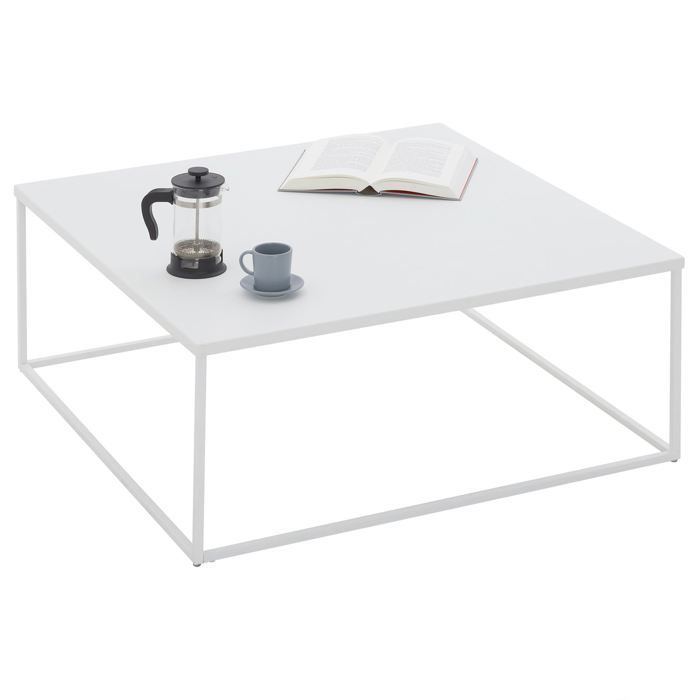 Table basse HILAR table de salon grande table d'appoint design retro vintage industriel, plateau carré en métal laqué blanc