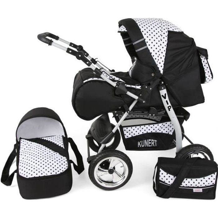 Poussette / Landau combiné 2en1 multifonctions bébé enfant 0-36m avec équipement Roues en mousse Volver - Noire - Points noirs.