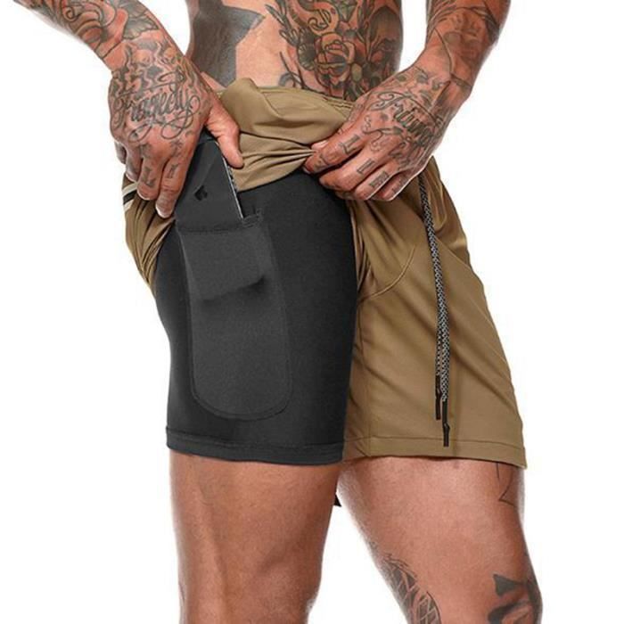 Short De Sport Hommes Avec Slip Short De Course Compression Legging 2 En 1 En Maille Séchage Rapide Coupe Droite