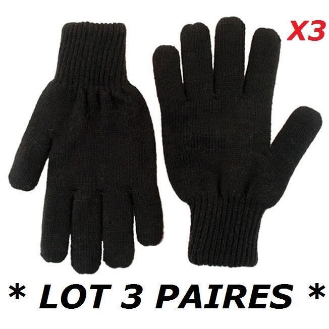 LOT 3 PAIRES DE GANT HOMME GARCON LAINE NOIR TAILLE UNIQUE EXTENSIBLE ...
