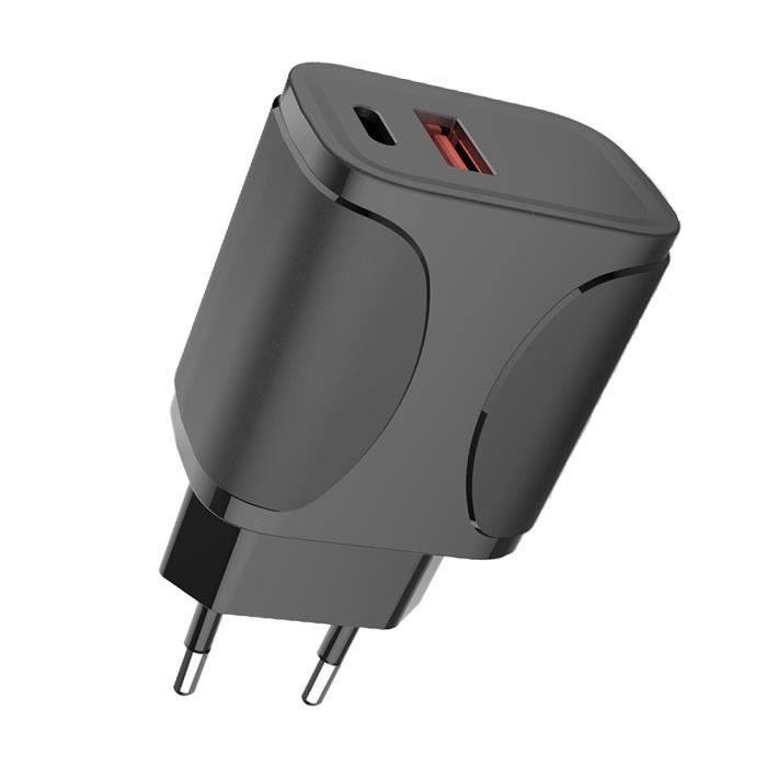 Adaptateur secteur 20 W, double port PD et QC, 2 en 1 Chargeur Rapide, pour iphone, Android, etc. noir