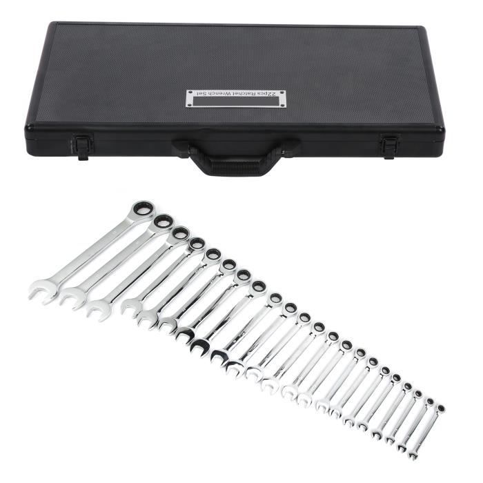 Ensemble de clés à cliquet 22 pièces outils à main à clé fixe avec boîte de rangement en aluminium 6‑32 mm