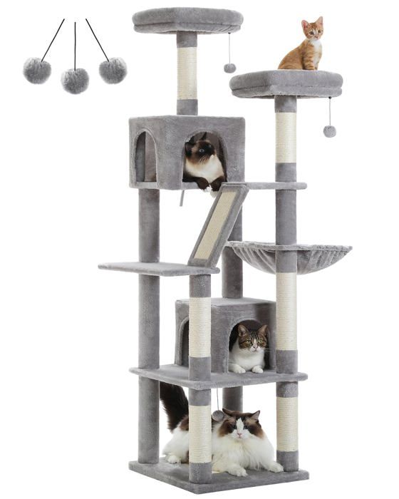 Meilleurs prix pour PAWZ Road Grand Arbre à Chat Multi-Niveaux avec 6 Poteaux à Griffer, 2 Griffoirs, 2 Niches, 2 Pompons & 1 Hamac, 180cm Gris