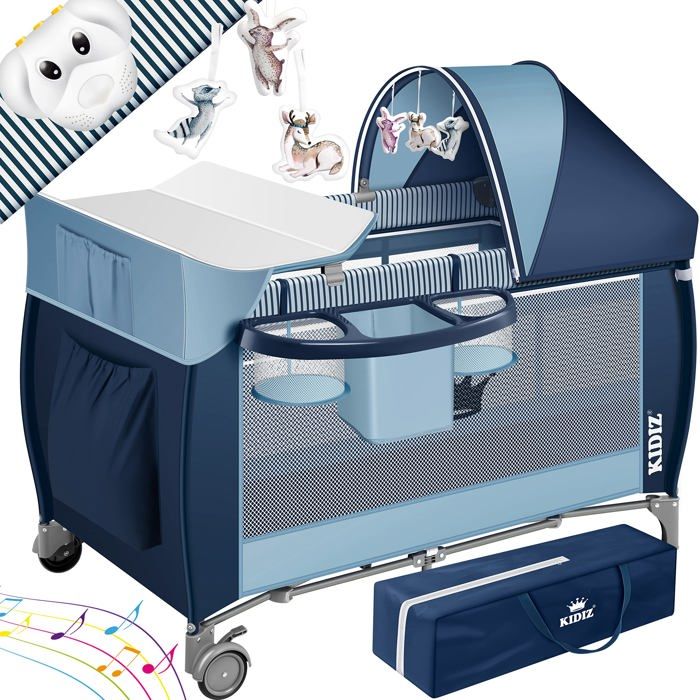 Lit parapluie bébé bleu - KIDIZ - 3 en 1 - De la naissance à 3 ans - Jusquà 15 kg - Matelas inclus - Hauteur réglable