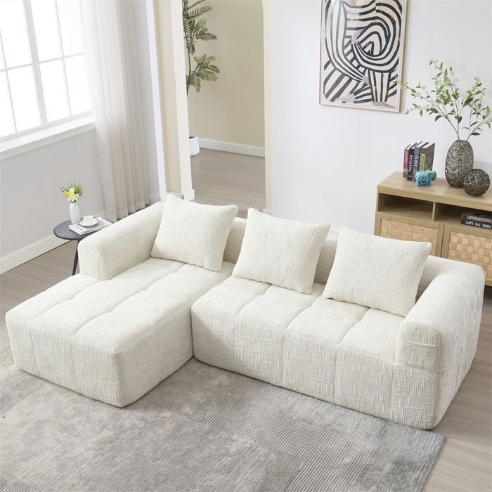 DRIPEX Canapé Sectionnel en Chenille ModerneCanapé 3 places en forme de L3 coussinspoche latéraleBeige