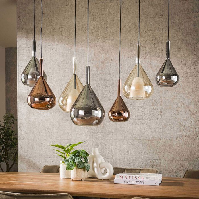 Suspension 7 lampes 120x150 cm en verre ambré cuivré et chromé Suspension 7 lampes 120x150 cm en verre ambré cuivré et chromé