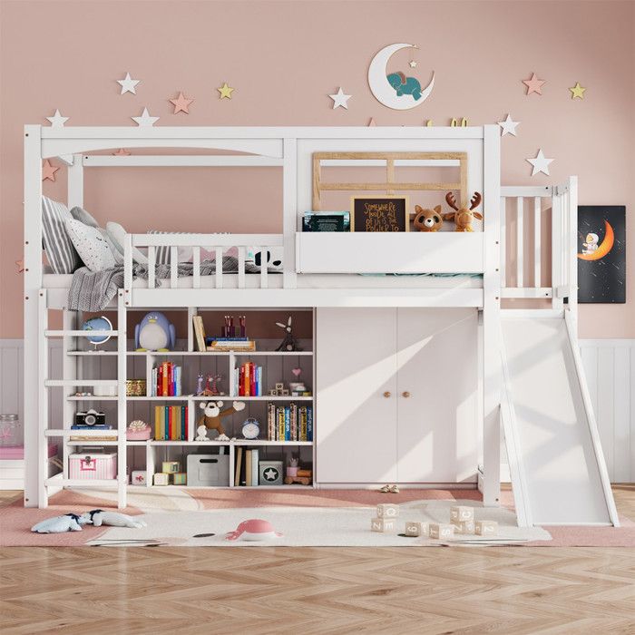 Lit superposé enfant 90x200 avec lit à roulettes 90x190cmarmoire à échelle et main courante avec barrière antichutepin+MDFBlanc