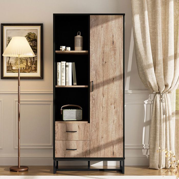 Vitrine Armoire haute moderne 80x40x180 cm – aspect bois avec cadre noir avec porte 2 tiroirs et 3 compartiments ouverts Vitrine Armoire haute moderne 80x40x180 cm – aspect bois avec cadre noir avec porte 2 tiroirs et 3 compartiments ouverts