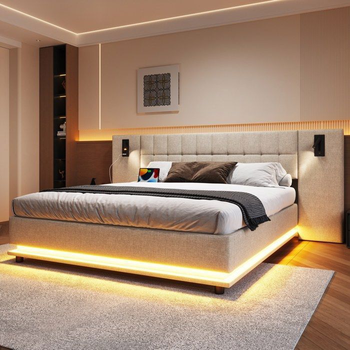 Lit Capitonné 180x200 Cm Avec Tête De Lit LED - Ports USB, Spot Intégré - Tissu Lin - Sans Matelas - Design Moderne