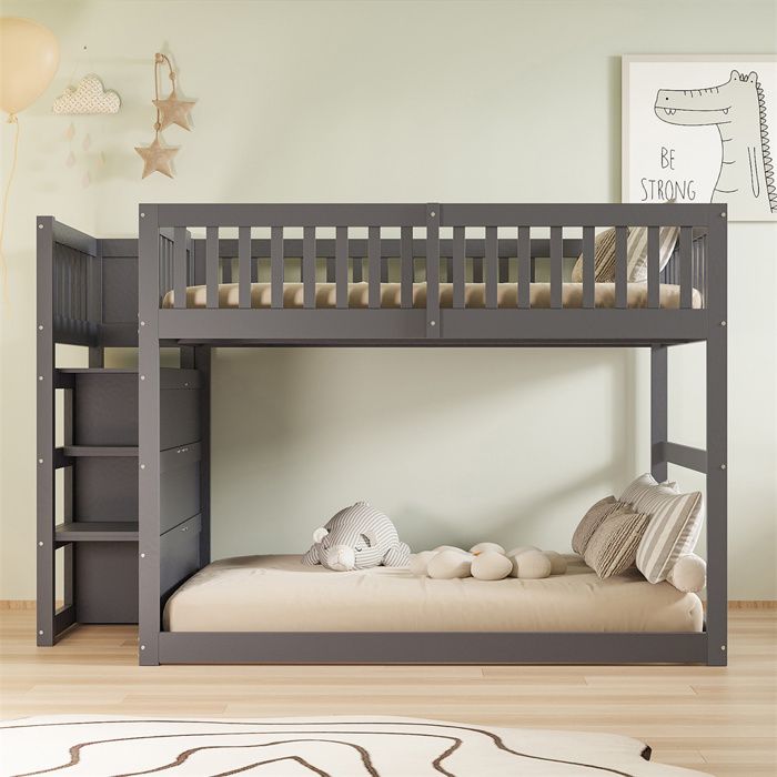 Lit superposé bas 140 x 200 cm en bois gris avec rangement sommier inclus 2 places capacité 120 kg