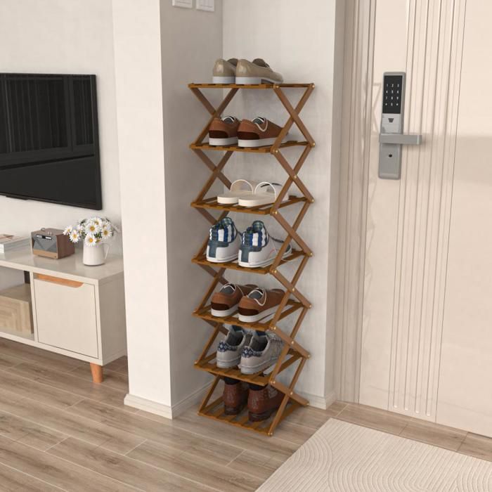 Meuble à chaussures pliable QUIIENCLEE 25*25*125cm 7 étages Bois gris foncé Bambou Meuble à chaussures dentrée