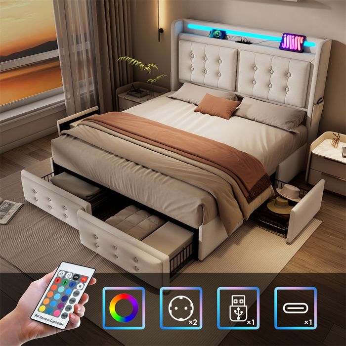 Lit coffre rembourré 180x200 cm beige avec tête LED et USB-C sommier à lattes 4 tiroirs cadre métal (sans matelas)