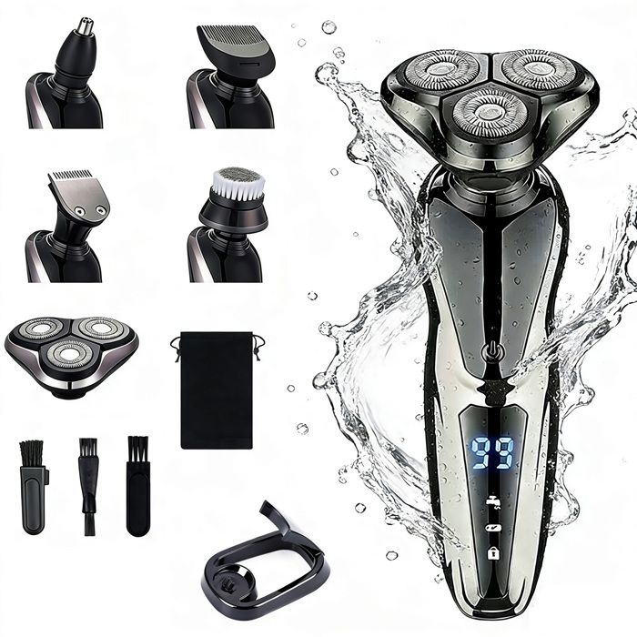 Rasoir Électrique Hommes 7 en 1 Electric Shaver avec Écran LED Tondeuse à Barbe Sans Fil Tondeuse Cheveux avec Base