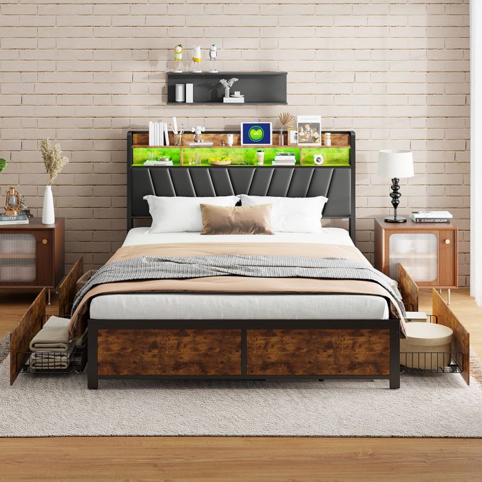 Lit Double 140x200cm avec 4 Tiroirs et LED 2 Charge USB et 2 Prise UE Sommier à Lattes et Cadre de lit en métal Noir Style Rétro