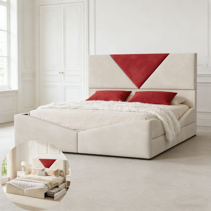 Lit 140x200 velours beige avec 4 tiroirs sommier à lattes inclus - cadre métal/bois style scandinave