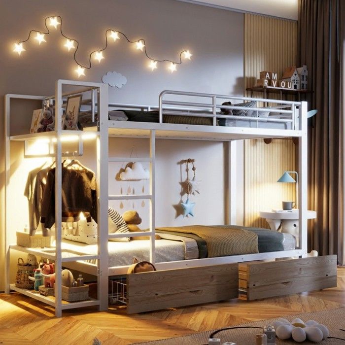 Lit superposé enfant - VVBV - 90x200 - Métal & MDF - 2 tiroirs + étagères - LED réglable (appli)