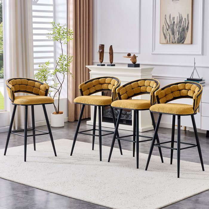 Chaises de bar modernes - Ensemble de 4 pièces - Velours jaune - Pieds en fer noir - Dossier tressé - Siège rembourré