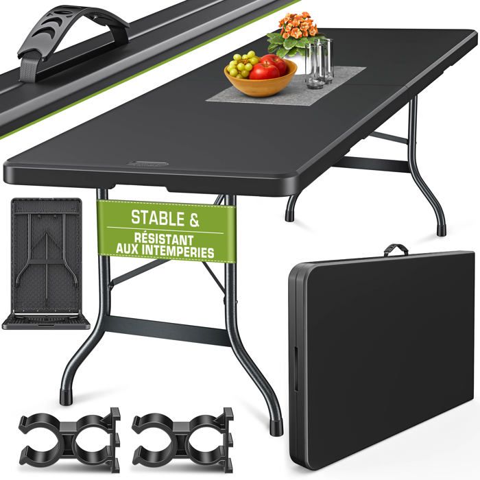 tillvex® Table de Jardin Pliante en Plastique 220x70cm Noir Idéale comme Buffet pour Terrasse Jardin Balcon ou Camping