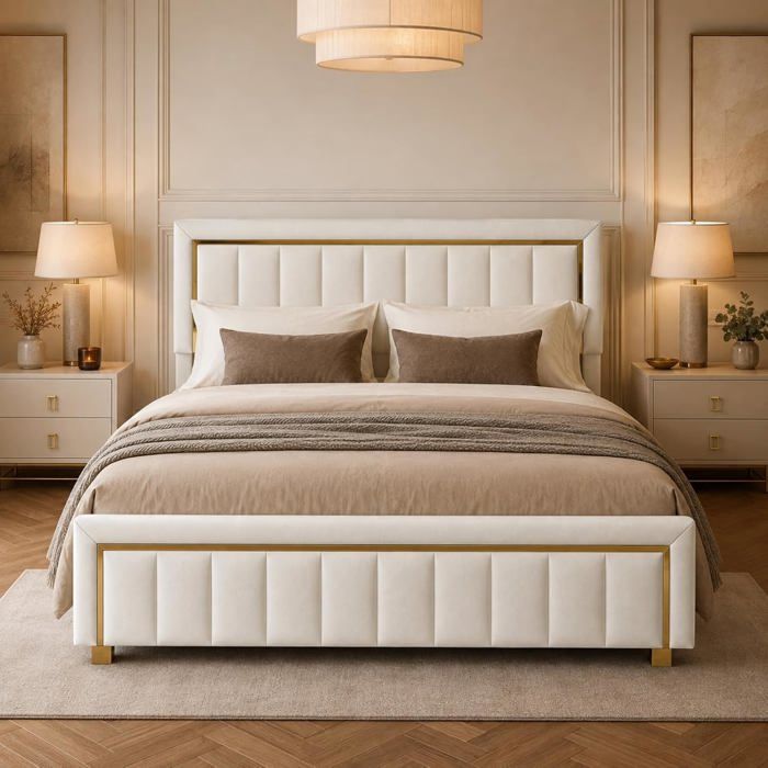 Lit Double Rembourré 160x200 cm Lit Coffre Hydraulique avec Rangement et Tete de lit sommier à lattes Velours Beige 2 Personnes