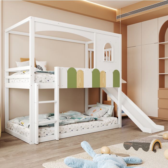 Lit mezzanine enfant simple 90×200 cm avec toboggan échelle et cadre cabane sans matelas blanc - UVRION