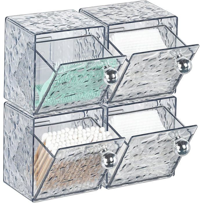 4 Pièces Boîte de Rangement pour Coton-Tiges et Disques Démaquillants Support Mural Transparent Gris pour Salle de Bain et Plan de