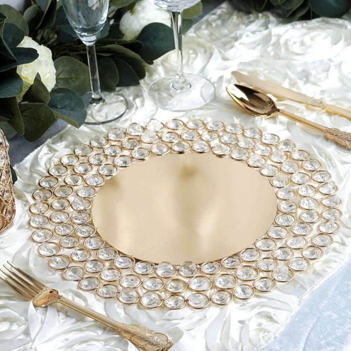 Assiette de présentation dorée 355 cm avec perles cristal acrylique ronde en métal pour mariage et réception