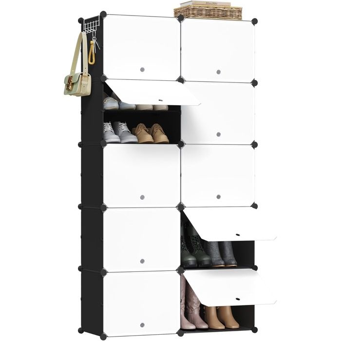 WOLTU Meuble à Chaussures Boîte à Chaussures Empilable avec 10 Compartiments pour Entrée、Chambre、Studio Blanc+Noir