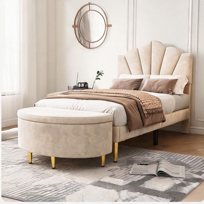 Lit coffre en velours beige 90x200 cm avec tête de lit réglable et banc de rangement