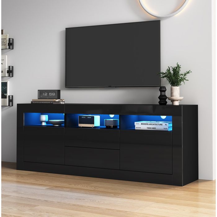 Meuble TV Noir Brillant 160 cm Avec LED Bluetooth 3 Niches 2 Portes 2 Tiroirs Push To Open Pour TV 70 Pouces Salon Moderne