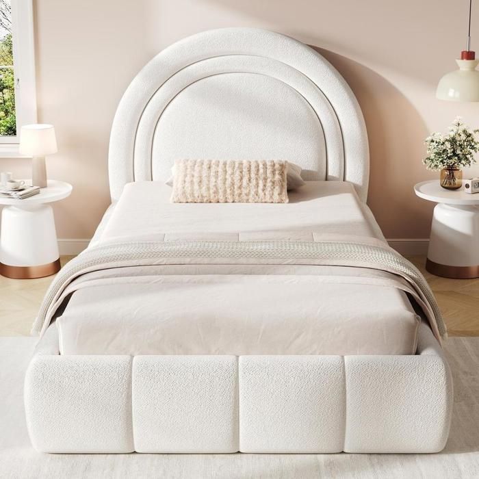 Lit enfant capitonné 90x200cm velours hydraulique coffre rangement tête 10cm sommier lattes coins arrondis sécurité  beige