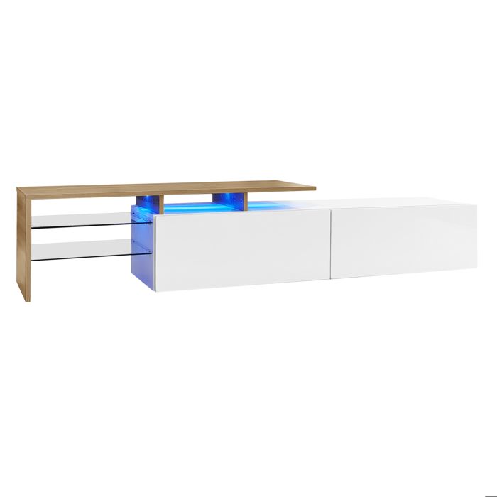 Meuble TV au design moderne blanc brillant finition imitation bois étagères en verre éclairage LED