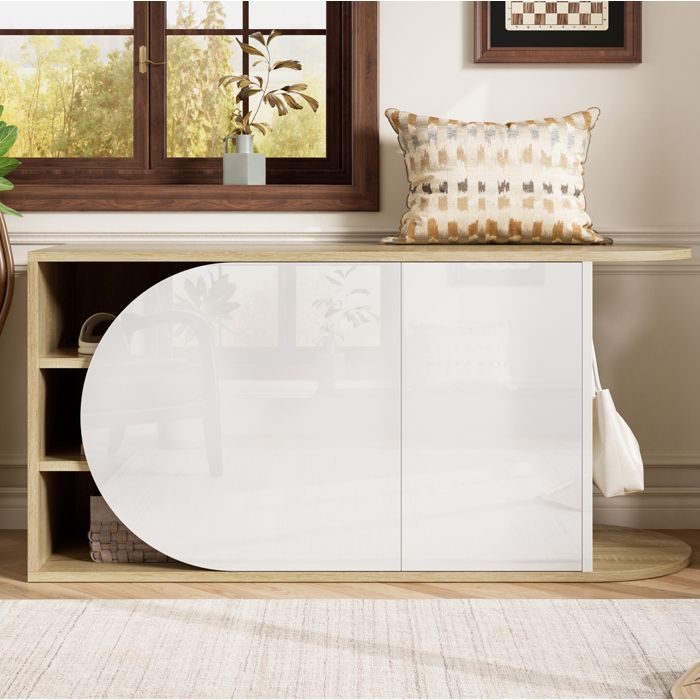 Meuble A Chaussures Blanc Naturel Banc Design FloraGrace Pour Entree Push-To-Open 104x37x50cm