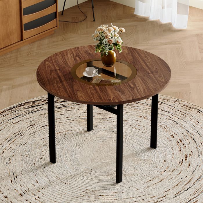 Table de Salle a Manger Ronde - avec Insert en Verre et Etagere - pour Cuisine ou Salon - 100 cm - marron et noir