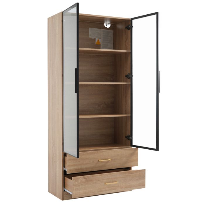 Colonne de salle de bain 75 cm marron avec eclairage 2 portes vitrees en verre trempe et 2 grands tiroirs