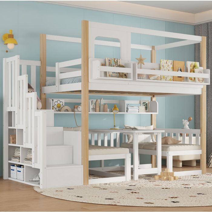 Lit superposé enfant 90×200 cm bureau relevable escalier et bibliothèque - BEAUNIV - sans matelas pin et MDF blanc naturel