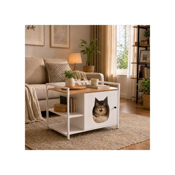 Meuble litière chat multifonction avec trou tête de chat table d’appoint rangements étagères armoire moderne