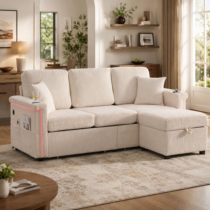 Canapé dangle 4 places - Canapé Modulable avec USB/Type-C - Repose-pieds inclus - avec 2 tiroirs de rangement -Corduroy - Beige
